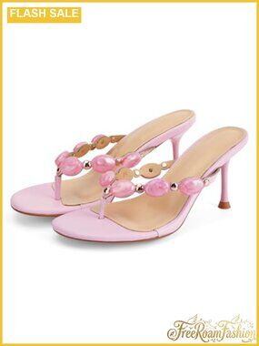 Women's Kitten Heel Flip Flop Thong Sandals Beaded Dress Heels